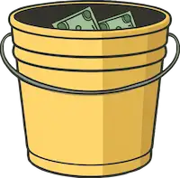 A bucket partially filled with dollar bills.