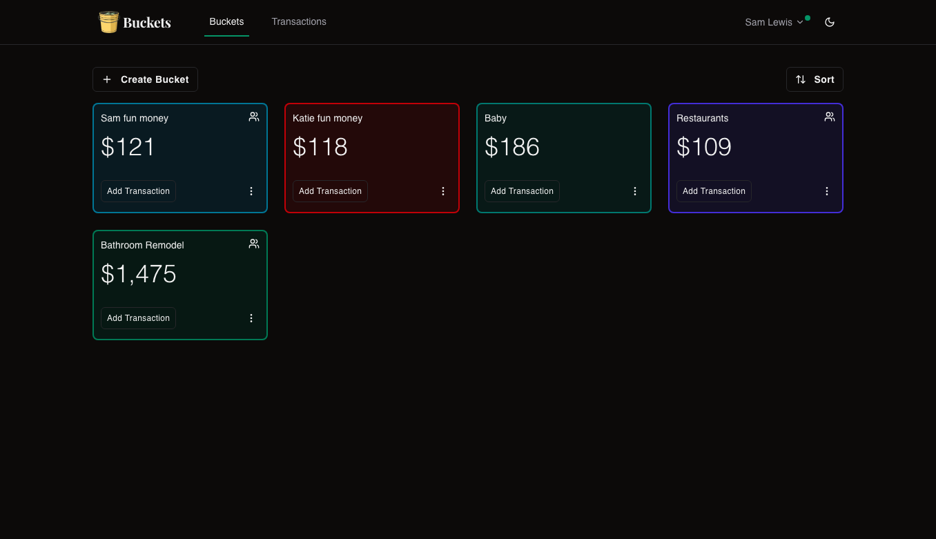 Dark mode demo of buckets on a laptop