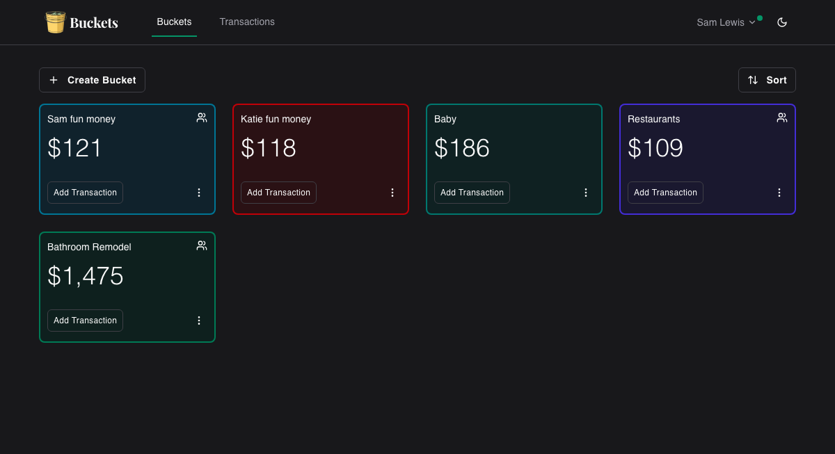 Dark mode demo of buckets on a laptop