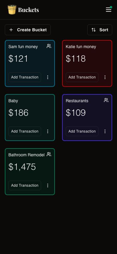 Dark mode demo of buckets on a phone