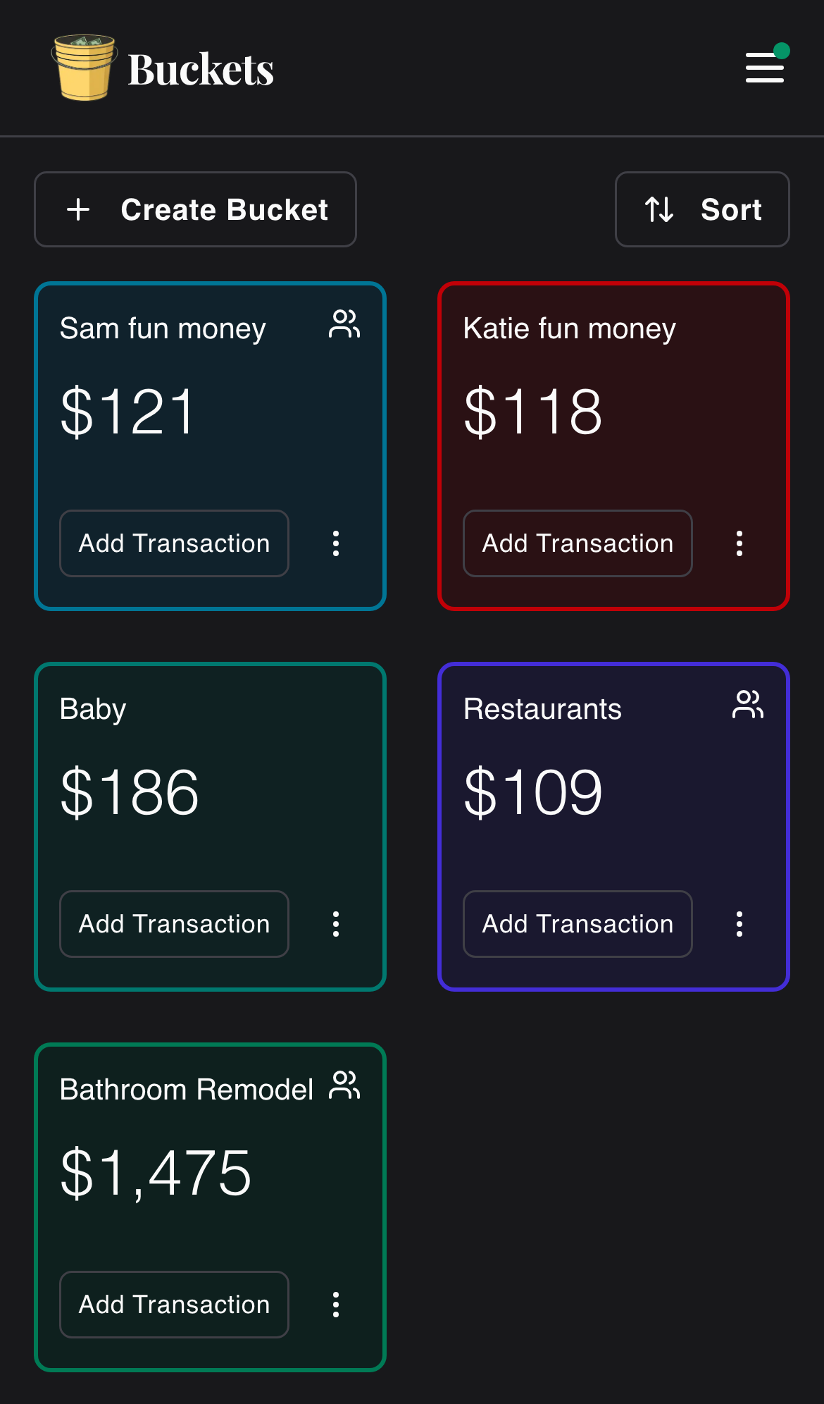 Dark mode demo of buckets on a phone
